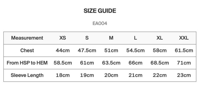 EA004 Size Guide