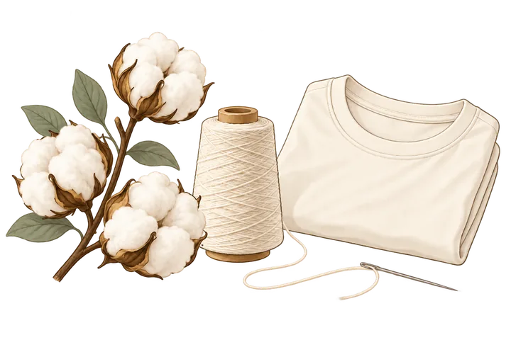 Illustration mit Baumwollzweig, Garnrolle und gefaltetem T-Shirt